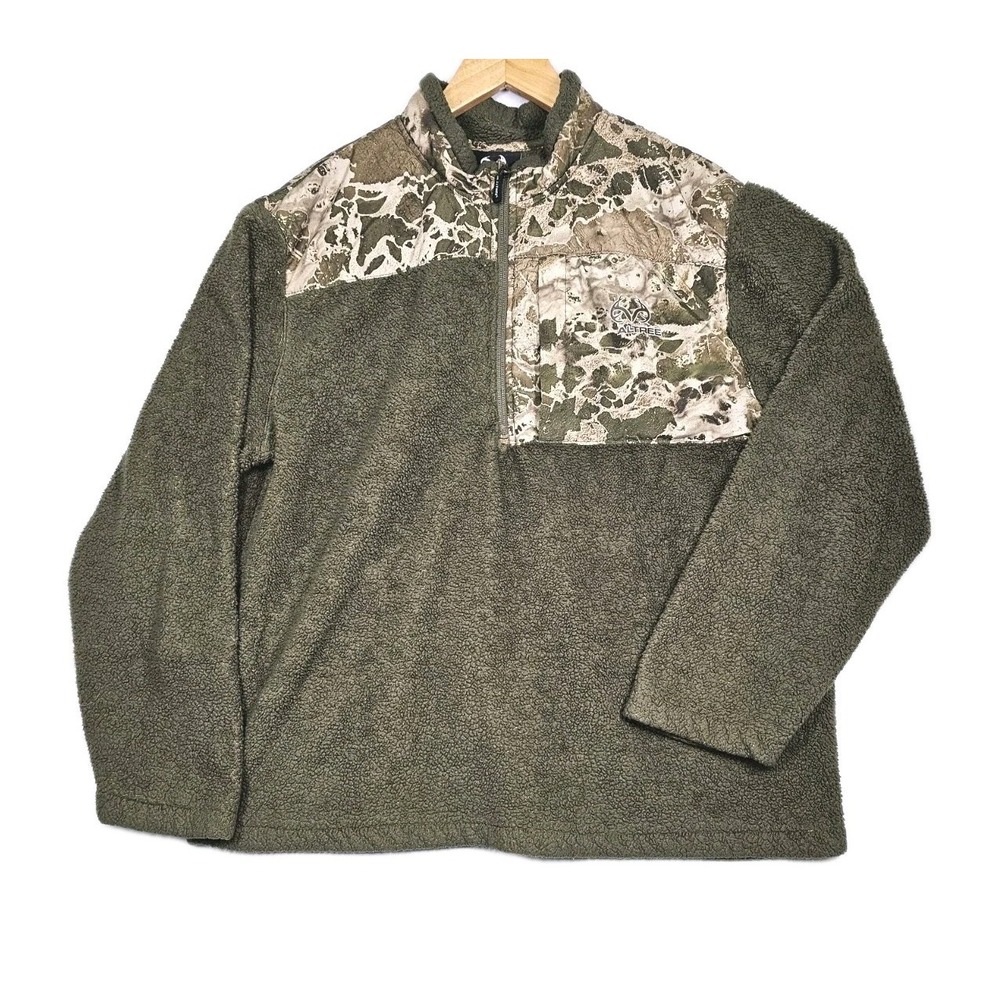Realtree Fleece Sweater 1/4 Zip Mens Large Camo Green Pullover Outdoor 1 Pocket
